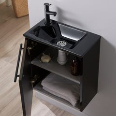 Pack meuble lave mains hamac noir brillant, vasque noire + robinet eau froide noir + poignée noire 2