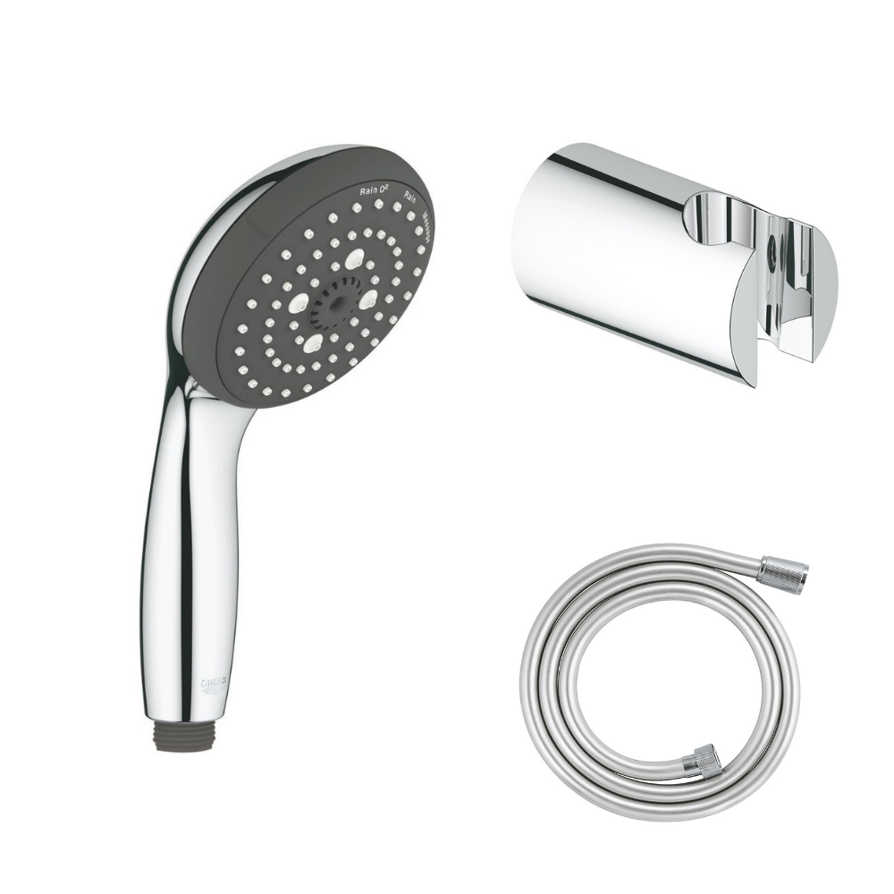 Douchette 3 jets Vitalio Start 100 chromé avec flexible 150 et support rond