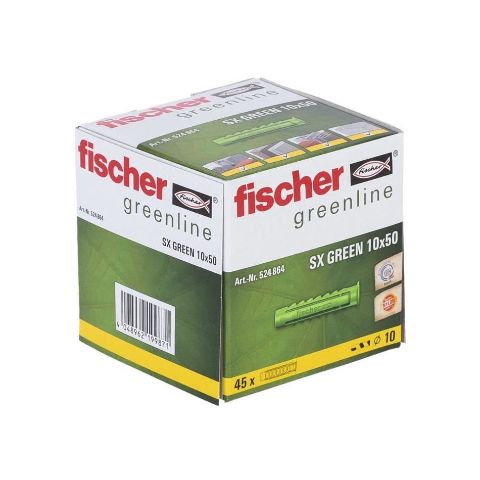 FISCHER - Cheville a quadruple expansion SX Green 10x50 mm - fabriquée a base de matieres premieres renouvelables - Boîte de 45 1