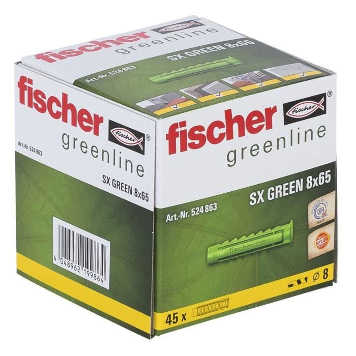 FISCHER - Cheville a quadruple expansion SX Green 8x65 mm - fabriquée a base de matieres premieres renouvelables - Boîte de 45 5