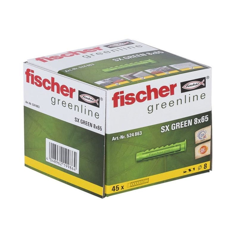 FISCHER - Cheville a quadruple expansion SX Green 8x65 mm - fabriquée a base de matieres premieres renouvelables - Boîte de 45 1