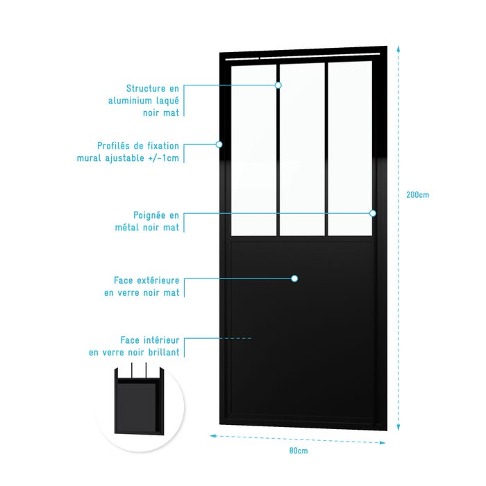 Porte de douche pivotante 80x200cm type atelier-Profilés noir mat Verre 5mm - WORKSHOP GLOSSY 3