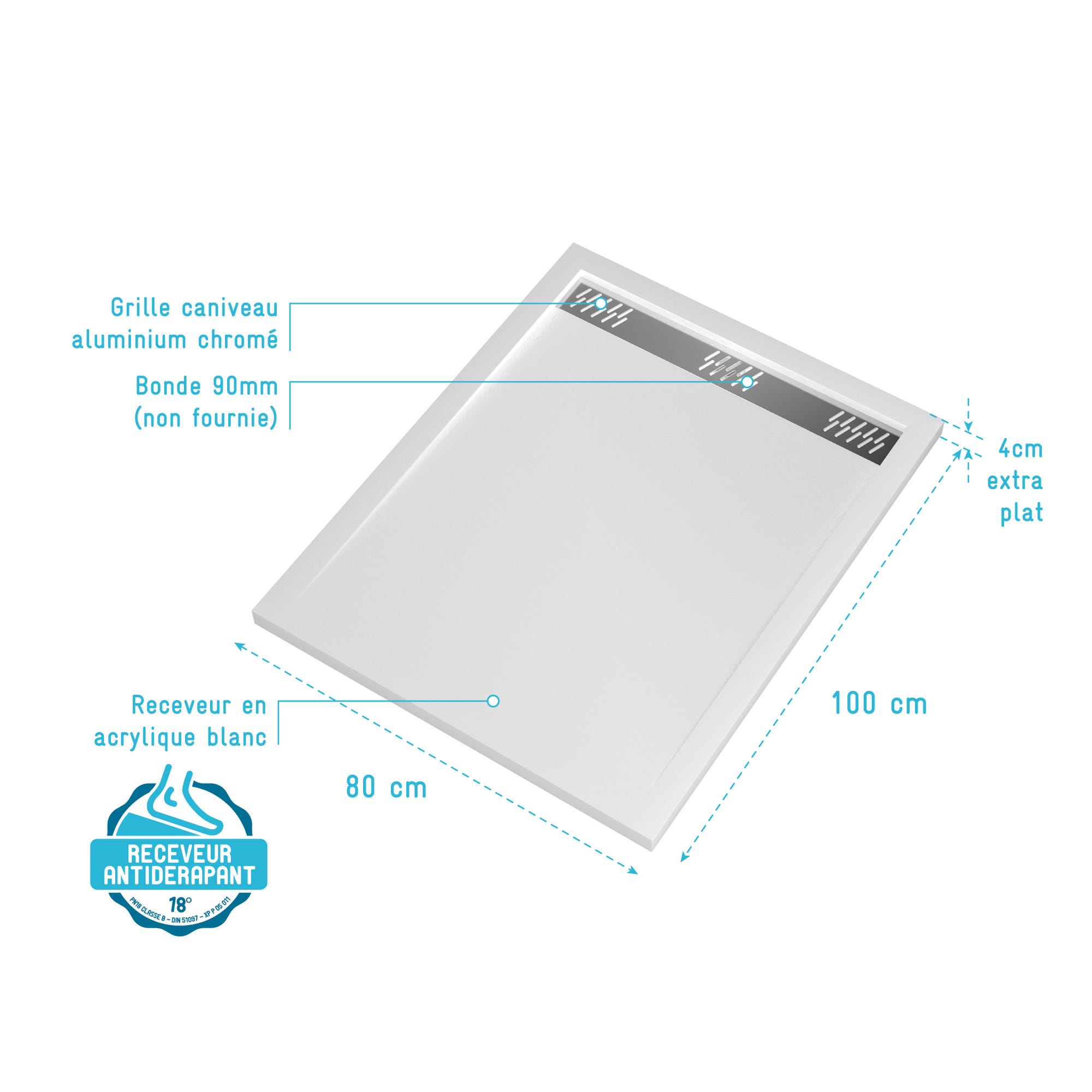 Receveur en acrylique Blanc 80x100x4 cm - Grille Linéaire Chrome - WHITENESS II 3