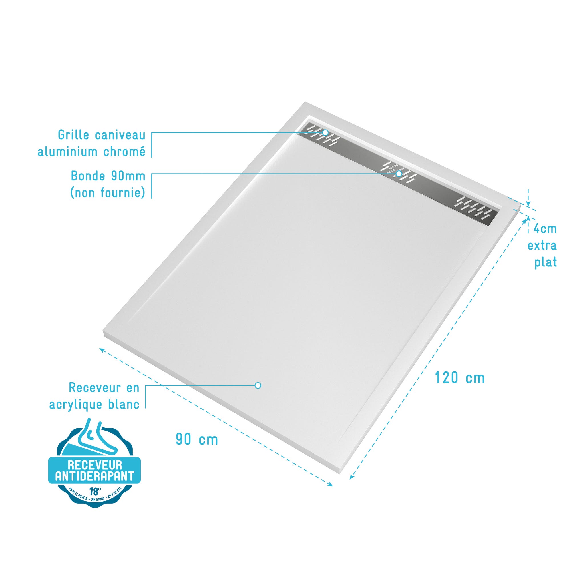 Receveur en acrylique Blanc 90x120x4 cm - Grille Linéaire Chrome - WHITENESS II 3