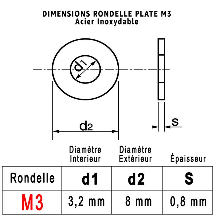 Rondelles Metal Inox M3 : Boite 50 Pcs Plate Moyenne Acier Inoxydable A2 | Usage Interieur et Exterieur | Dimension : (3,2mm x 8mm x 0,8mm) 2