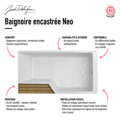 Baignoire bain douche JACOB DELAFON Neo 160 x 90 droite + pare bain + tablier + étagère 3