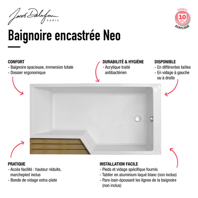 Baignoire bain douche JACOB DELAFON Neo 170 x 90 droite + pare bain + tablier + étagère 3