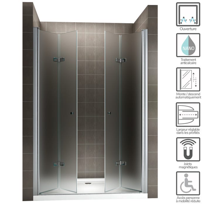 EMMY Porte de douche pliante pivotante H 185 cm largeur réglable 72 à 76 cm verre opaque 1