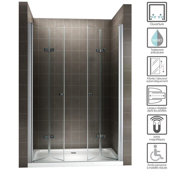 EMMY Porte de douche pliante pivotante H 185 cm largeur réglable 124 à 128 cm verre transparent 1
