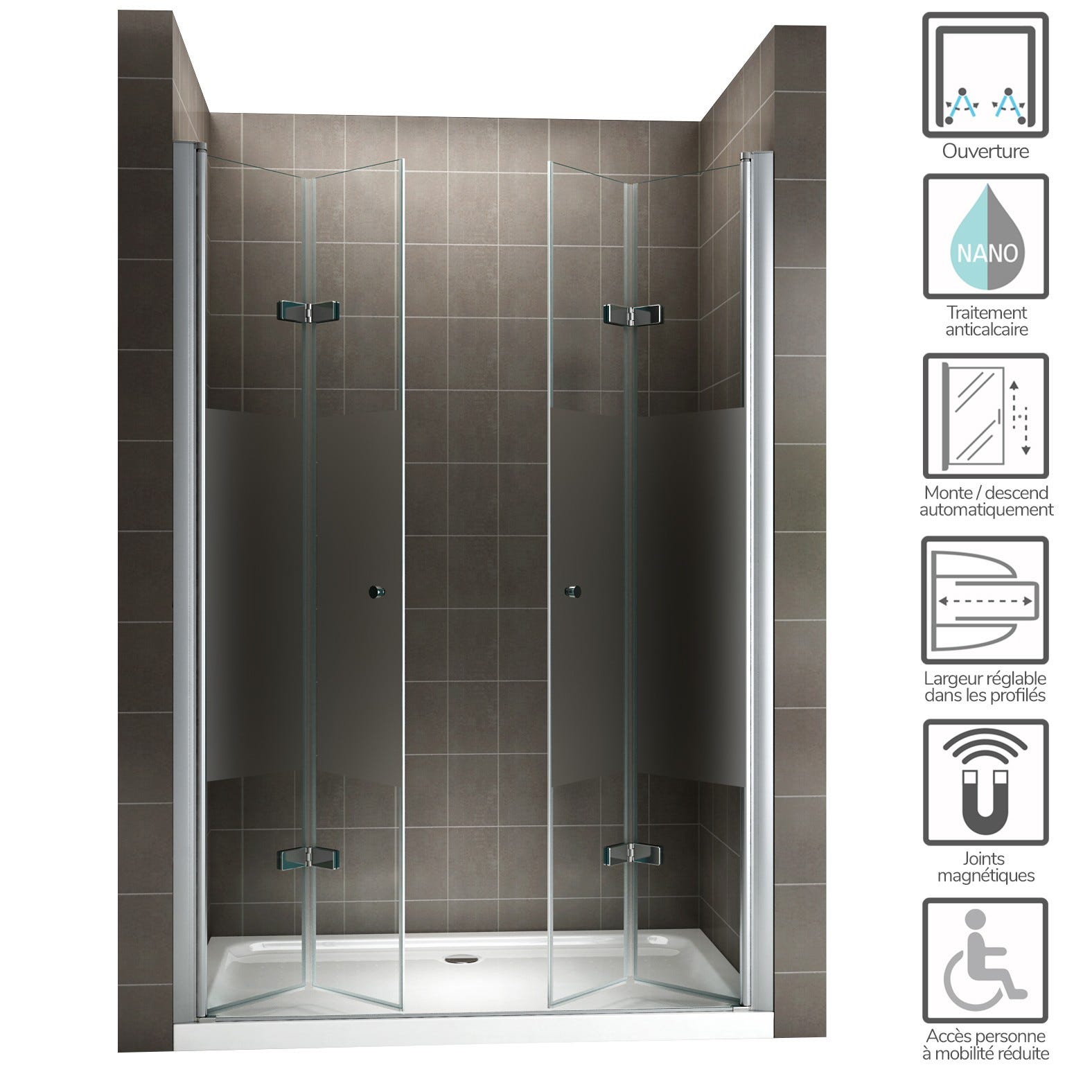 EMMY Porte de douche pliante pivotante H 195 cm largeur réglable 88 à 92 cm verre semi-opaque 1