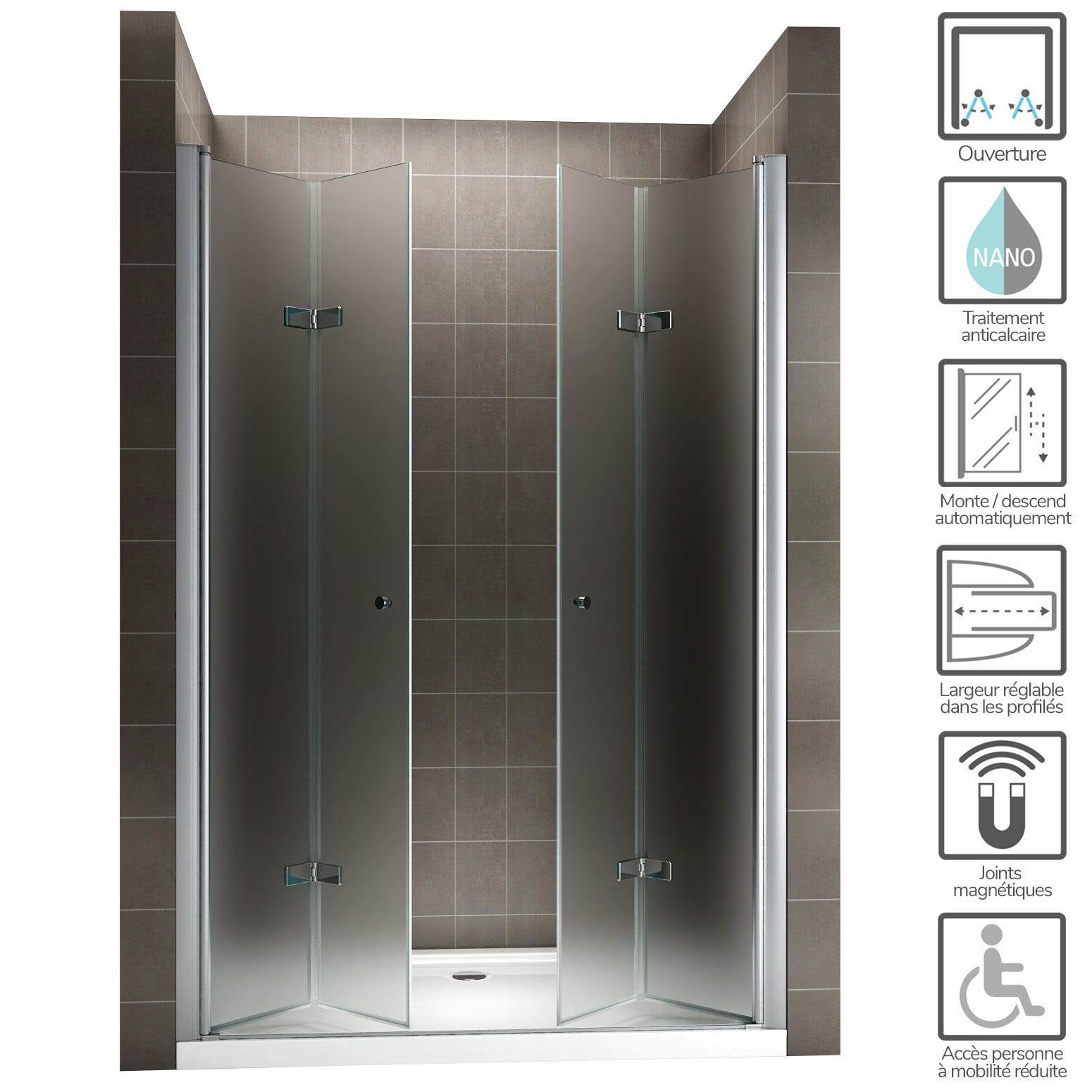EMMY Porte de douche pliante pivotante H 195 cm largeur réglable 132 à 136 cm verre opaque 1