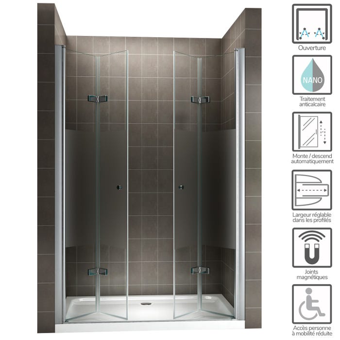 EMMY Porte de douche pliante pivotante H 195 cm largeur réglable 96 à 100 cm verre semi-opaque 1