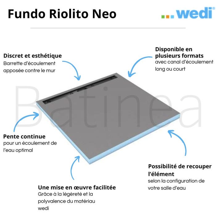 Receveur à carreler WEDI Fundo Riolito Neo + barrette de finition + bonde horizontal + kit d'étanchéité 100 x 100 cm 4