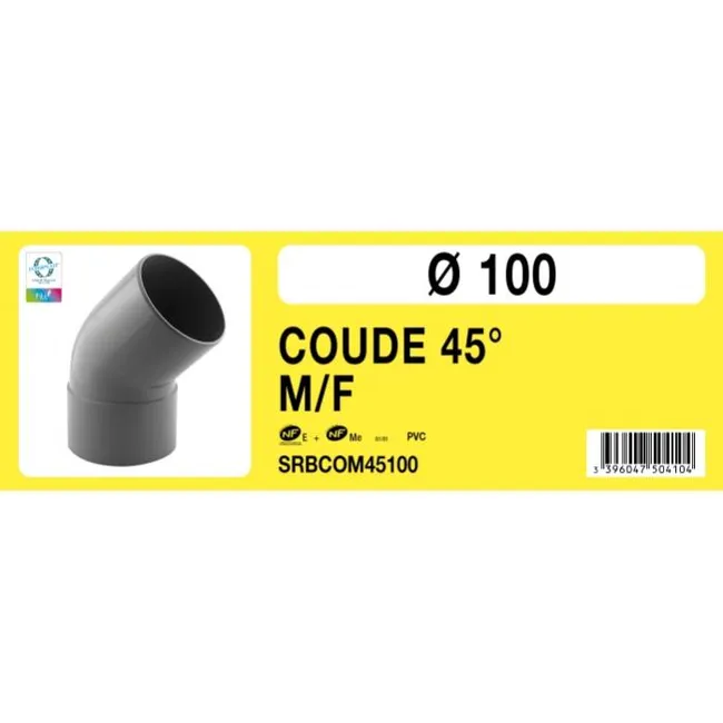 Coude PVC 45° mâle femelle Ø100 Labélisé NF