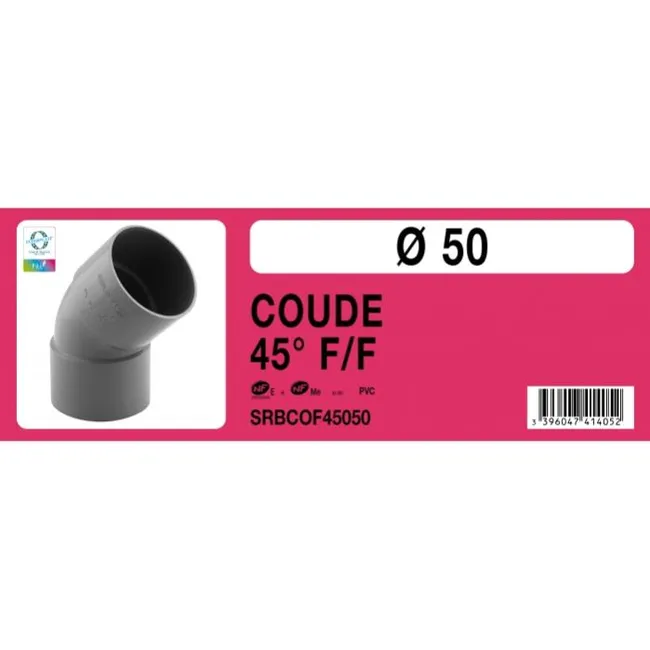 Coude PVC 45° femelle femelle Ø50 Labélisé NF