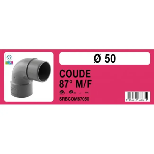 Coude PVC 90° mâle femelle Ø50 Labélisé NF
