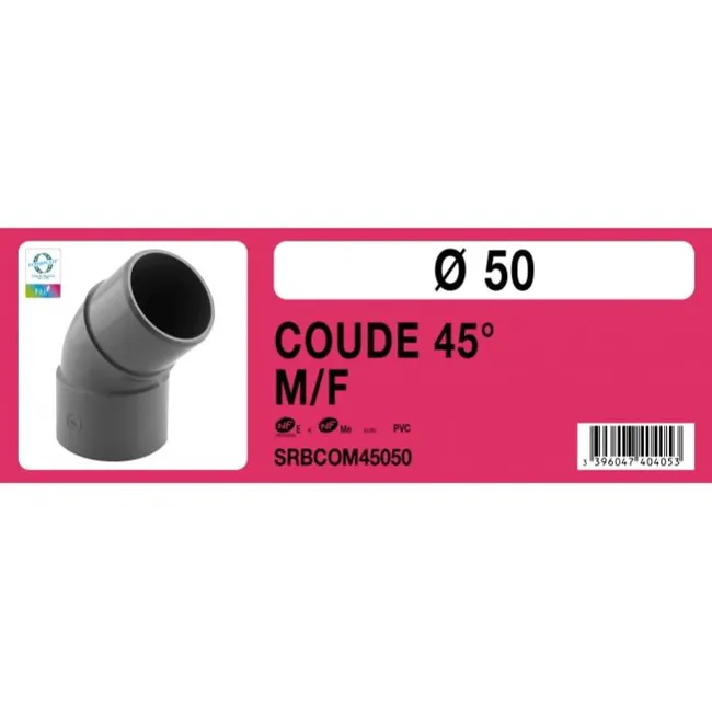 Coude PVC 45° mâle femelle Ø50 Labélisé NF