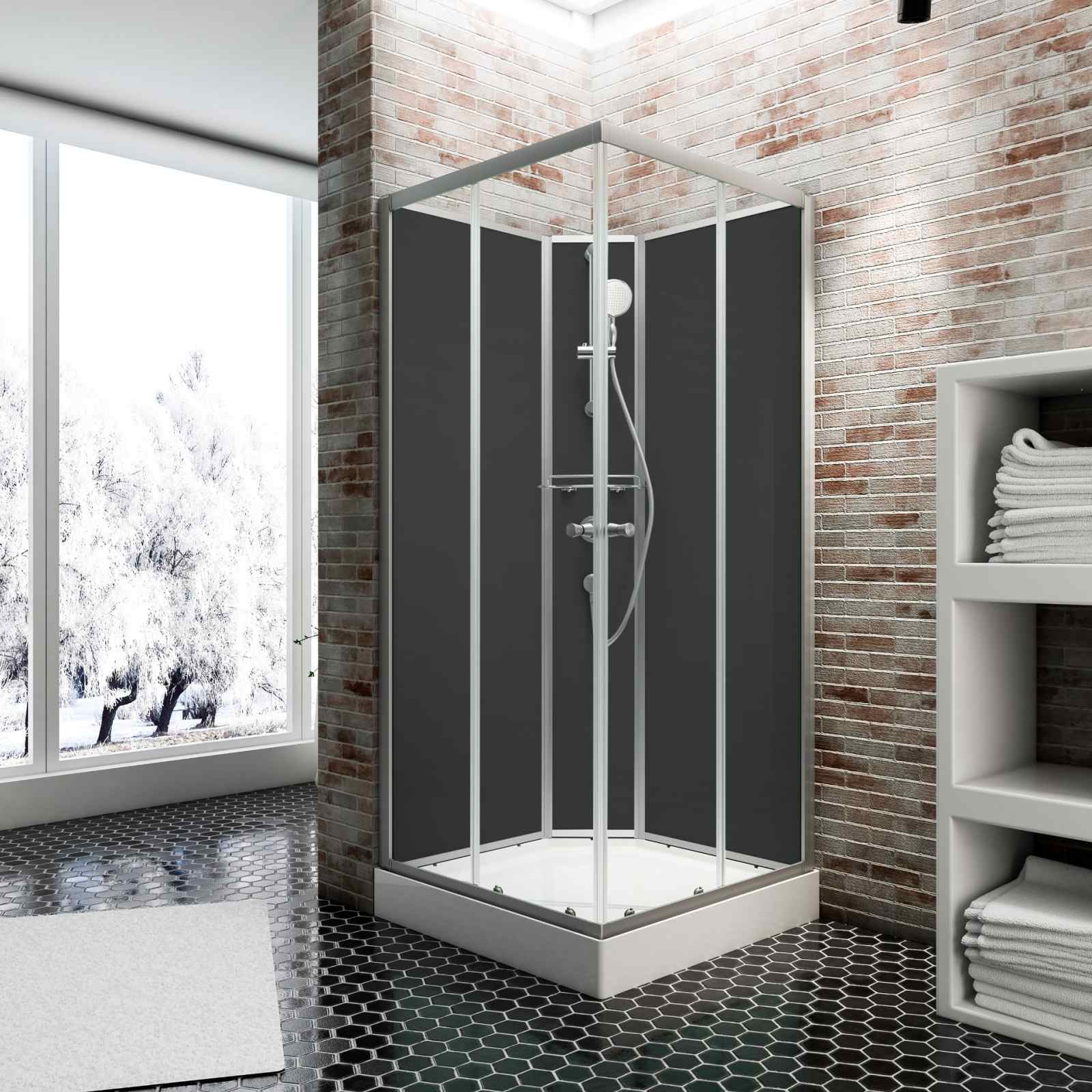 Cabine de douche intégrale complète Rimini, 90 x 90 cm, SCHULTE avec porte coulissante, parois fixes, receveur, panneaux muraux et robinetterie