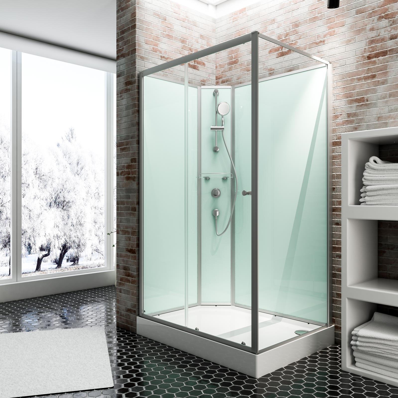 Cabine de douche intégrale complète avec porte coulissante, 120 x 80 cm, verre 5 mm, SCHULTE, paroi latérale à droite, ouverture vers la gauche