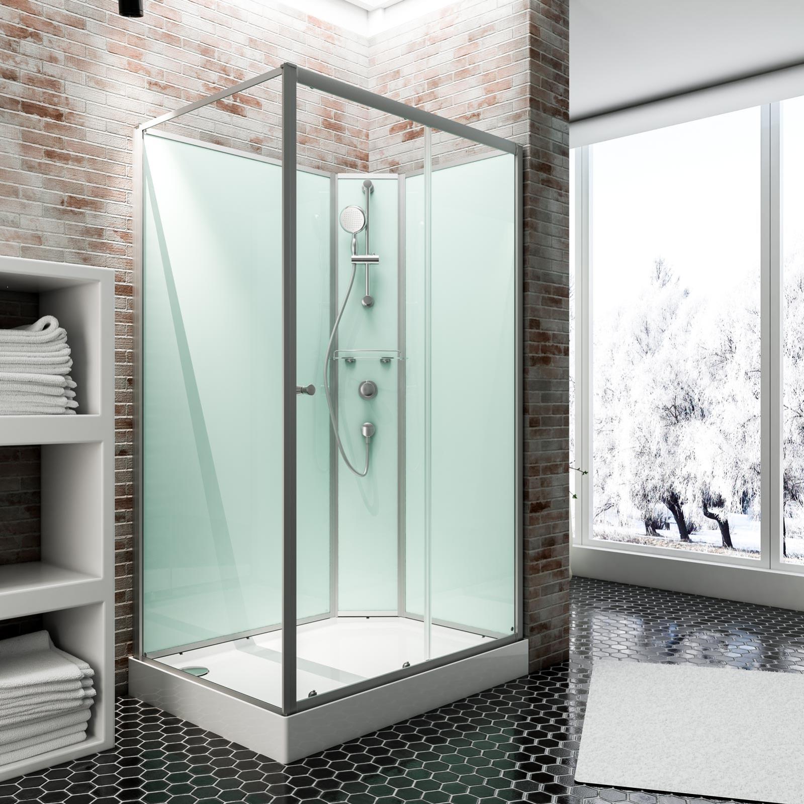 Cabine de douche intégrale complète avec porte coulissante, 90 x 120 cm, verre 5 mm, Ibiza, SCHULTE, paroi latérale à gauche, ouverture vers la droite