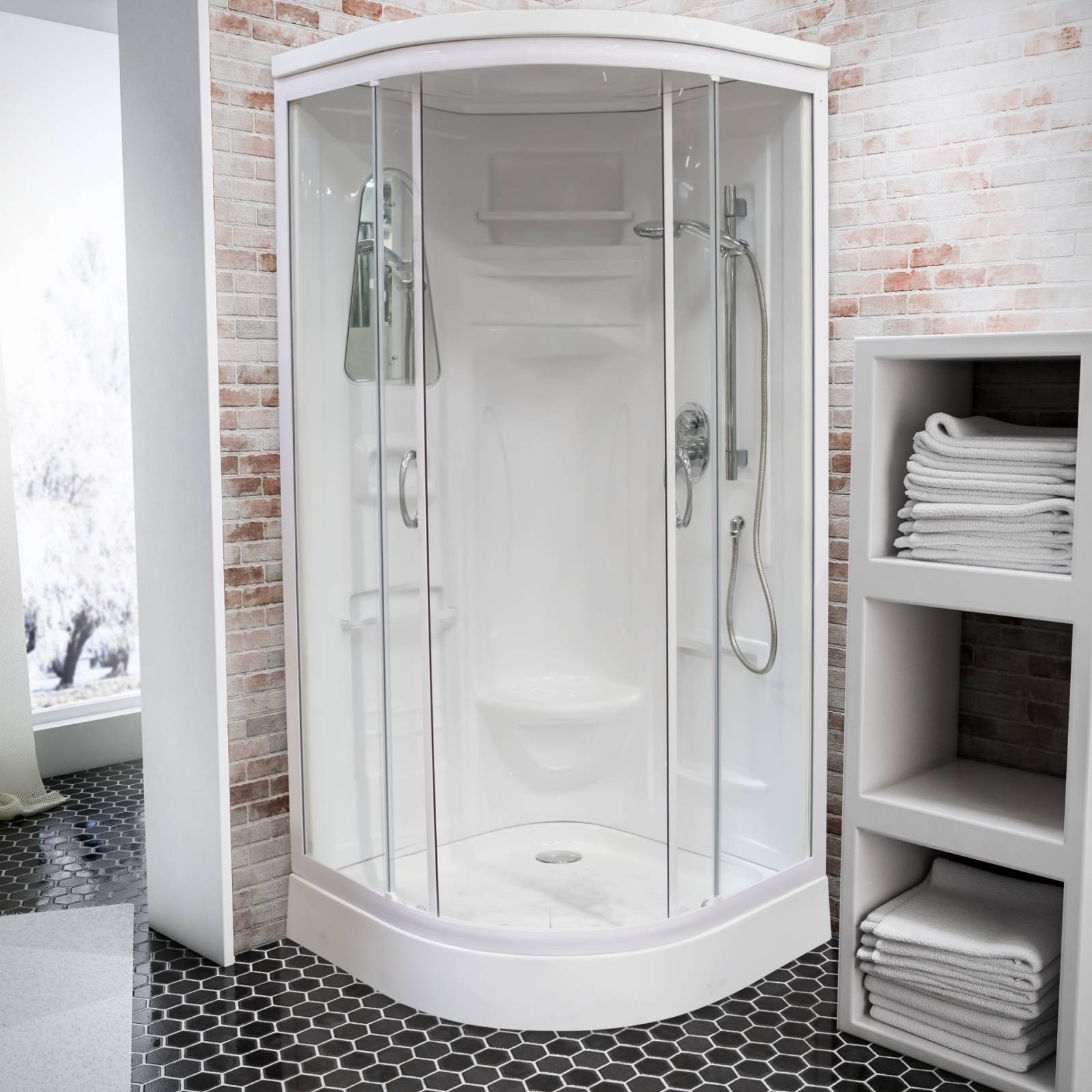 Cabine de douche intégrale arrondie, 90 x 90 cm, cabine de douche complète, coloris blanc, Helgoland III, SCHULTE