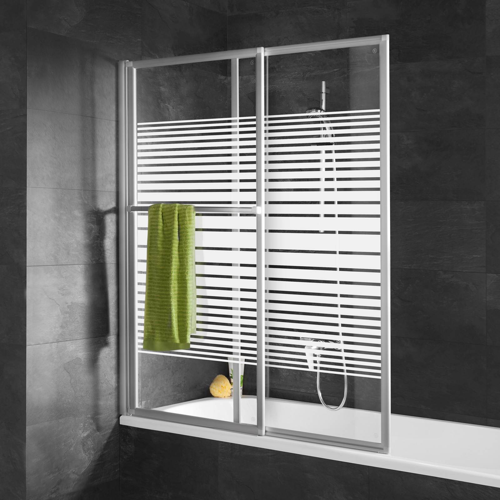 Schulte pare-baignoire coulissant extensible et rabattable, 70 - 118 x 140 cm, 2 volets, verre 3 mm, profilé alu nature, décor bandes transversales