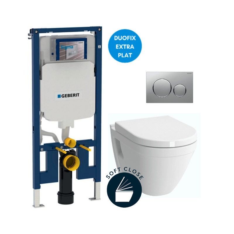 Geberit Pack WC Bâti-support extra-plat UP720 + WC Vitra S50 + Abattant softclose + Plaque chrome mat (SLIM-S50Softclose-Q)