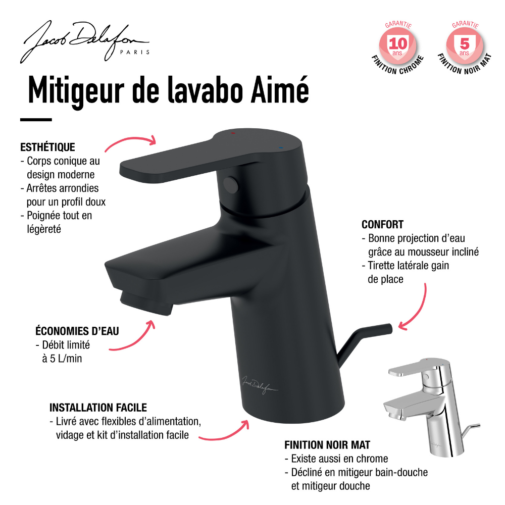 Mitigeur lavabo JACOB DELAFON Aimé noir mat 2