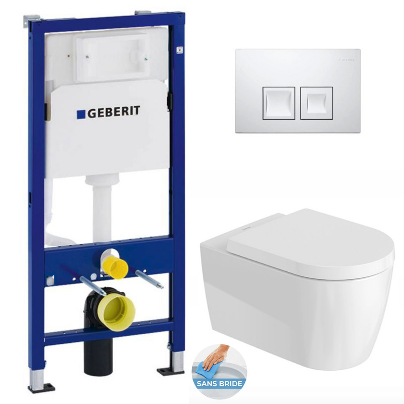 Geberit Pack WC Bâti-support Duofix + WC sans bride Duravit Me by Starck, HygieneGlaze + Abattant softclose + Plaque Blanche