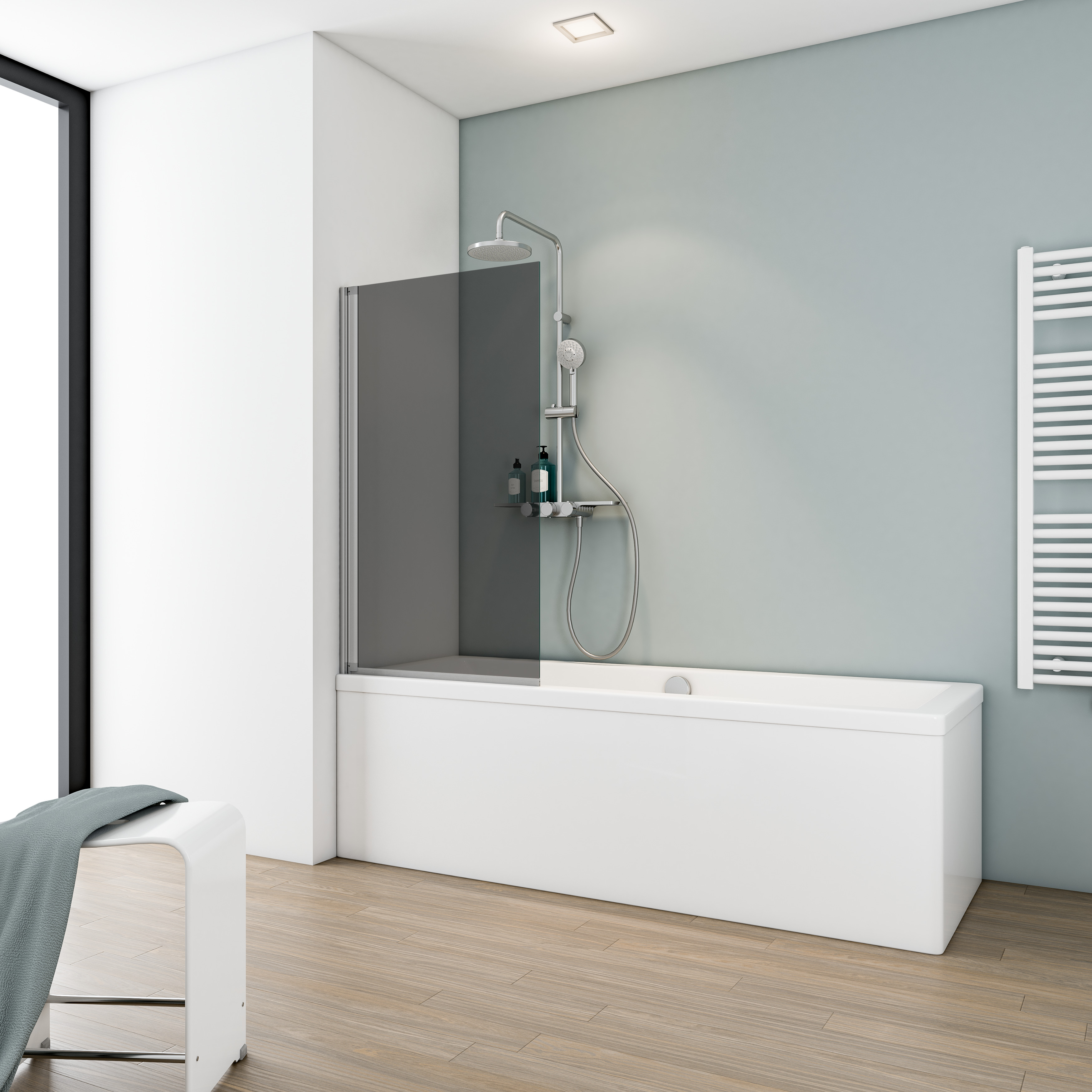 Pare-baignoire rabattable pivotant, 70 x 130 cm, verre 5 mm fumé, paroi de baignoire mobile 1 volet, profilé alu-argenté, SCHULTE