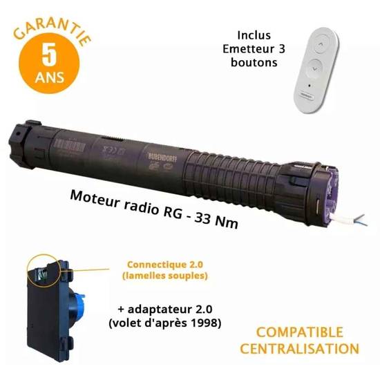 Moteur radio RG - 33 Nm + Sachet Adaptateur ID 2.0 + Télécommande Bubendorff (Pour volet d'après 1998)