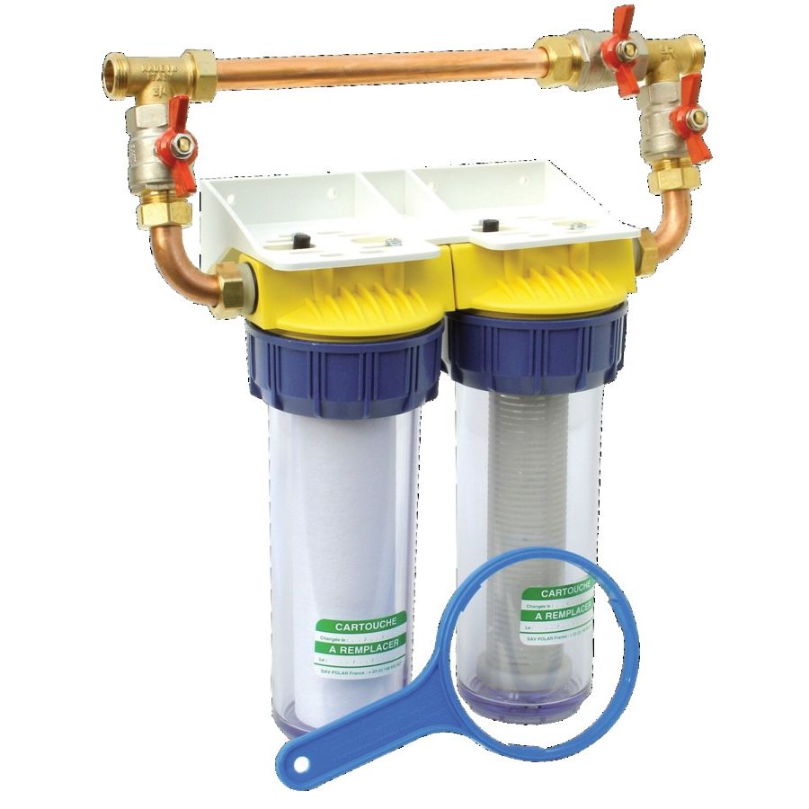 Double filtre DUO 3/4 BYPASS anti-calcaire avec équerre et cartouche - POLAR - FD34CBP