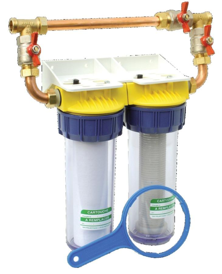 Double filtre DUO 3/4 BYPASS anti-calcaire avec équerre et cartouche - POLAR - FD34CBP