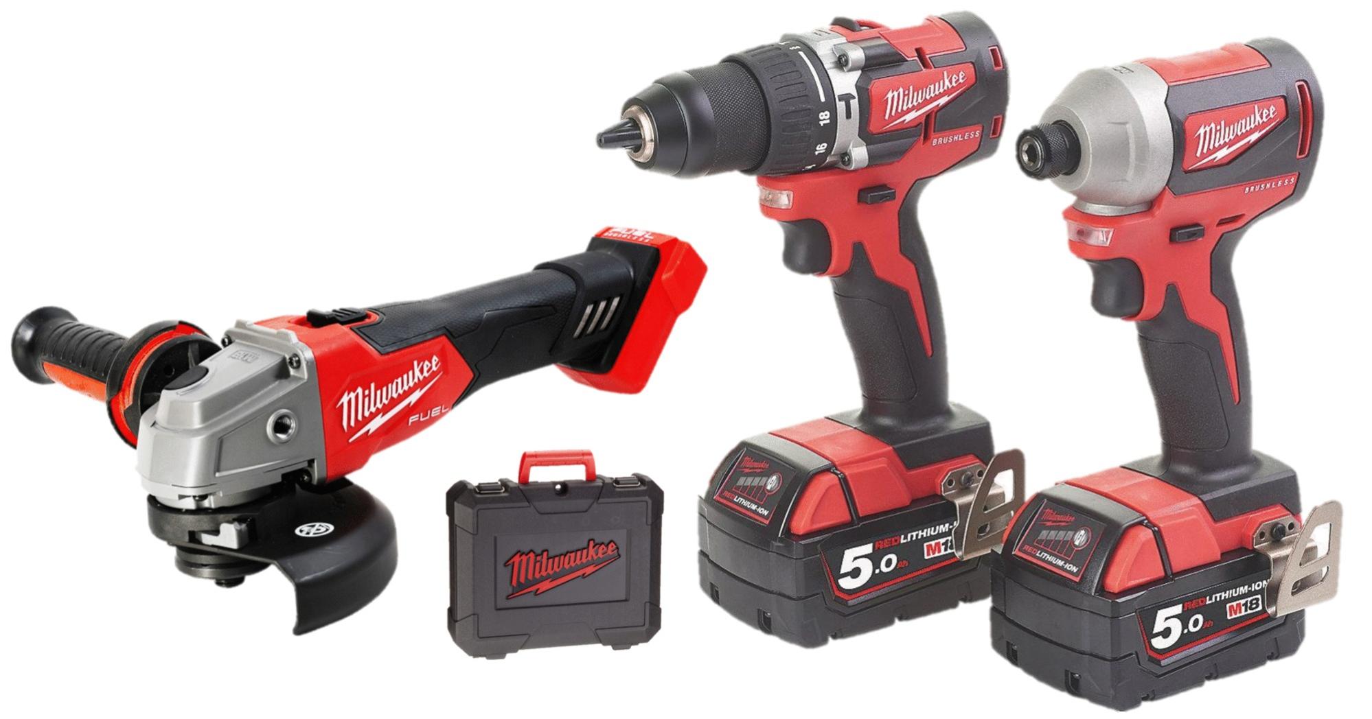 Pack de 3 outils 18 V M18 (FSAG/ CBLDD / CBLID) + 2 batteries 5 Ah + coffret - MILWAUKEE