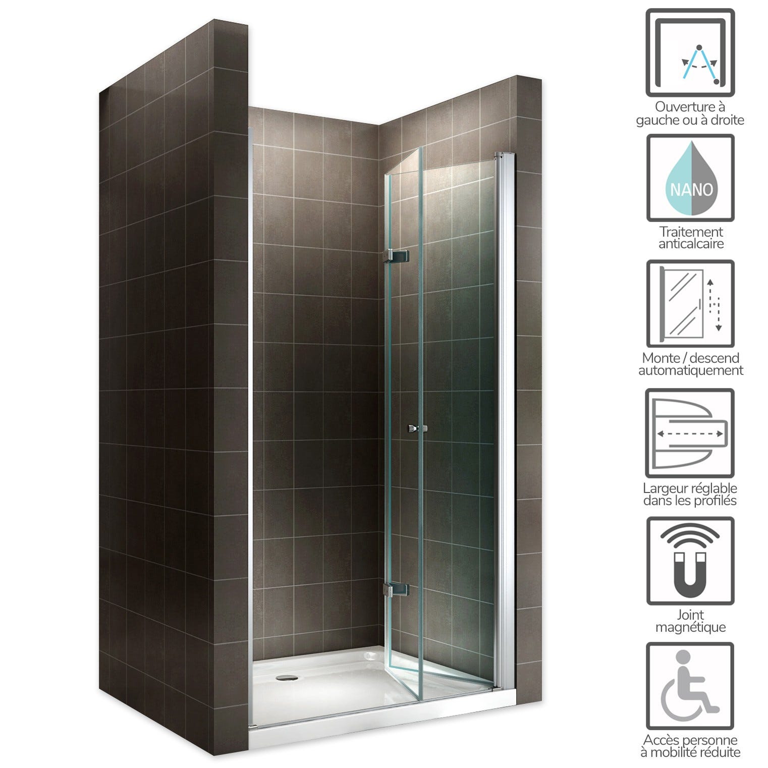 MONA Porte de douche pliante H 195 cm largeur réglable de 72 à 76 cm verre transparent 1