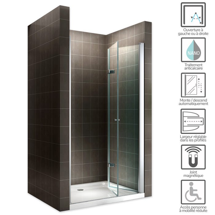 MONA Porte de douche pliante H 195 cm largeur réglable de 80 à 84 cm verre transparent 1