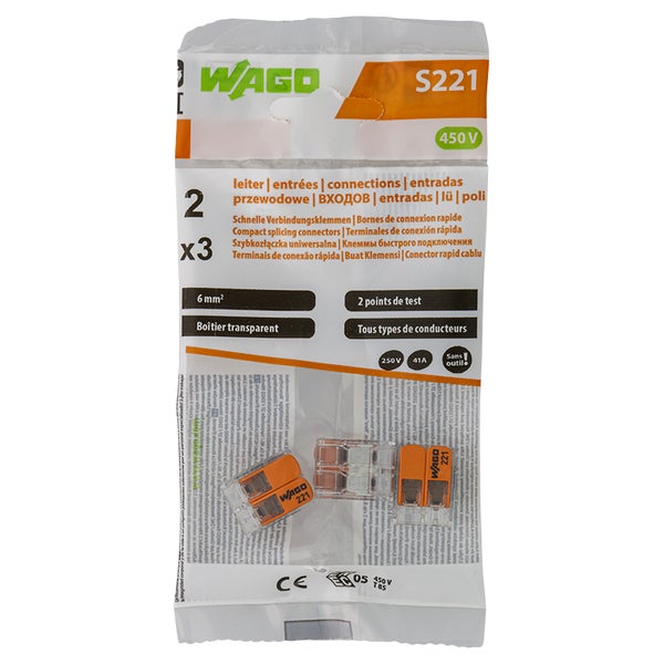 Wago- Sachet de 3 bornes S221 3 entrées fils souples et rigides 0.5 à 6mm²
