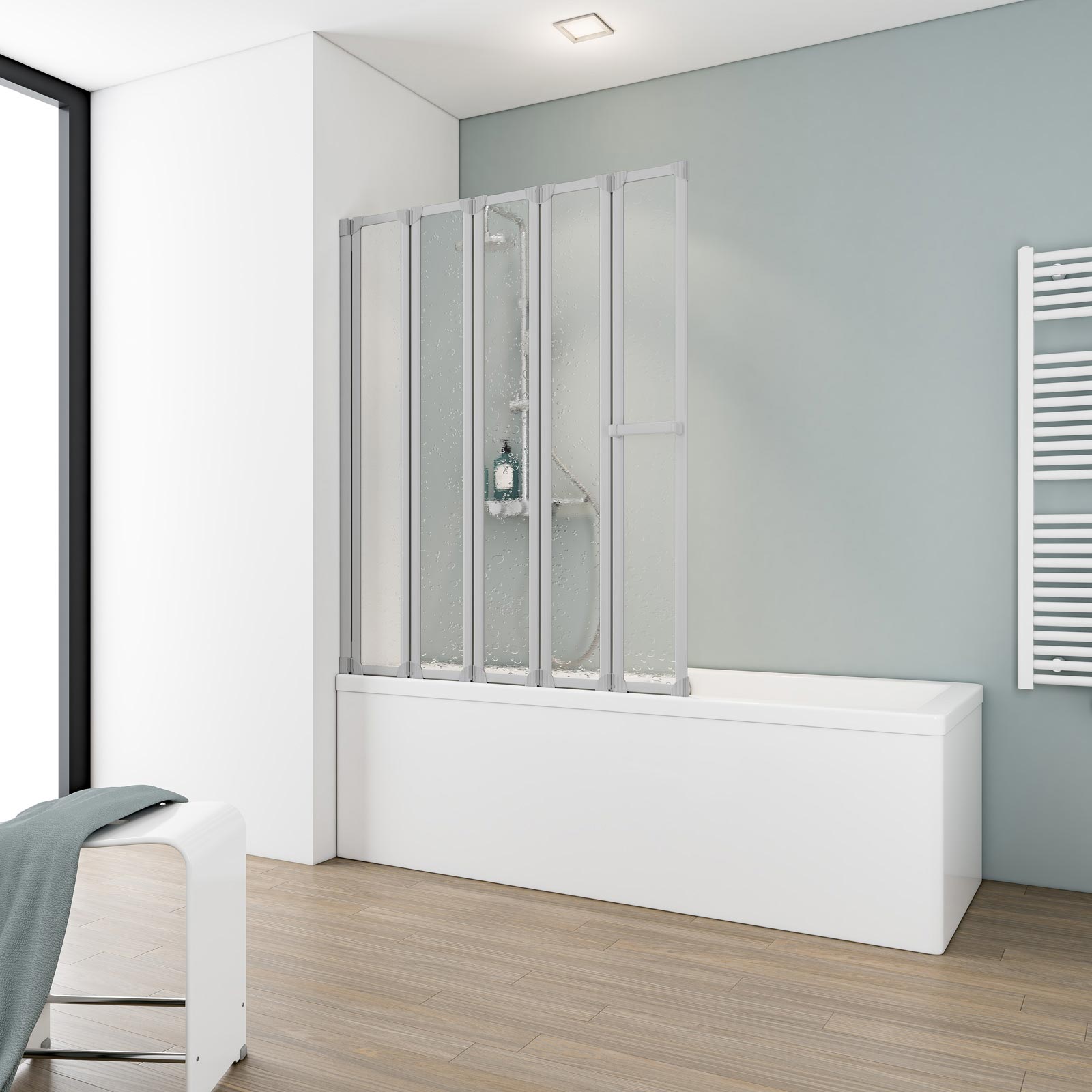 Pare-baignoire rabattable 115 x 140 cm, paroi de baignoire 5 volets, écran de baignoire pivotant, verre Softline profilé alu argenté, SCHULTE