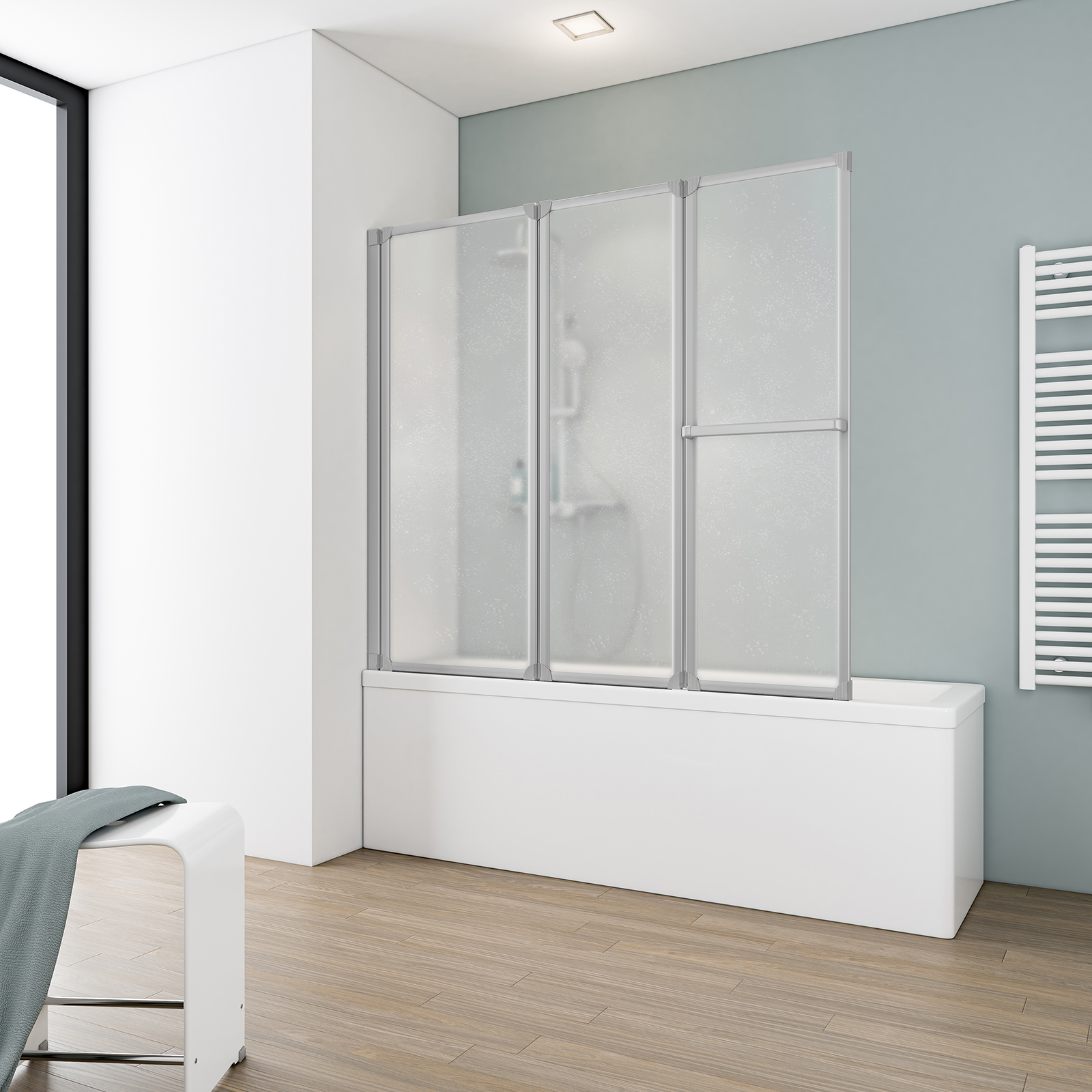 Pare-baignoire rabattable 152 x 140 cm, paroi de baignoire 3 volets pivotant porte-serviette, verre Softline profilé alu argenté, SCHULTE