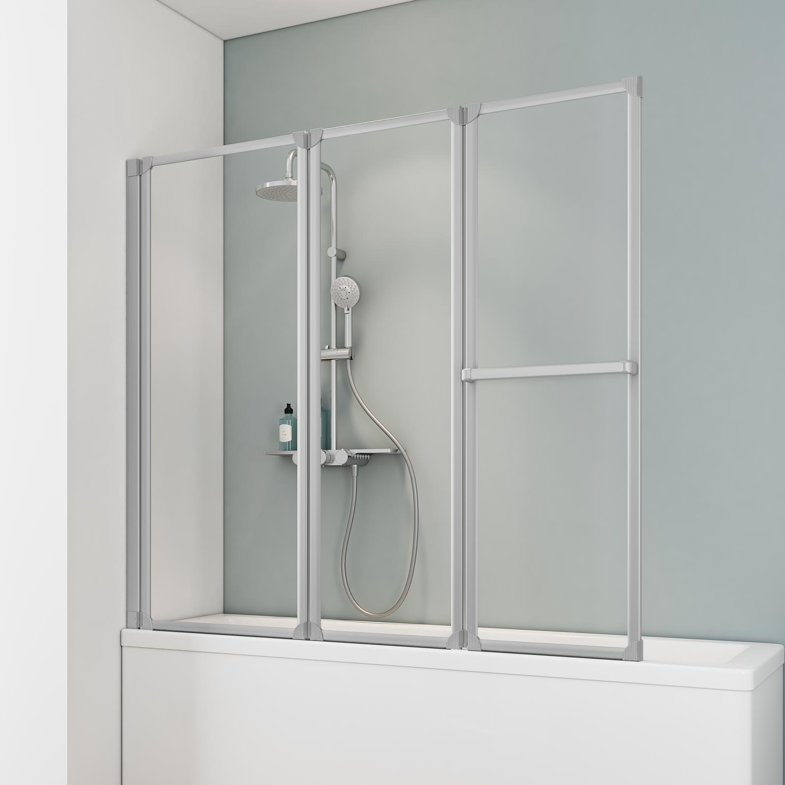 Pare-baignoire rabattable 152 x 140 cm, paroi de baignoire 3 volets pivotant porte-serviette, verre transparent profilé alu argenté, SCHULTE