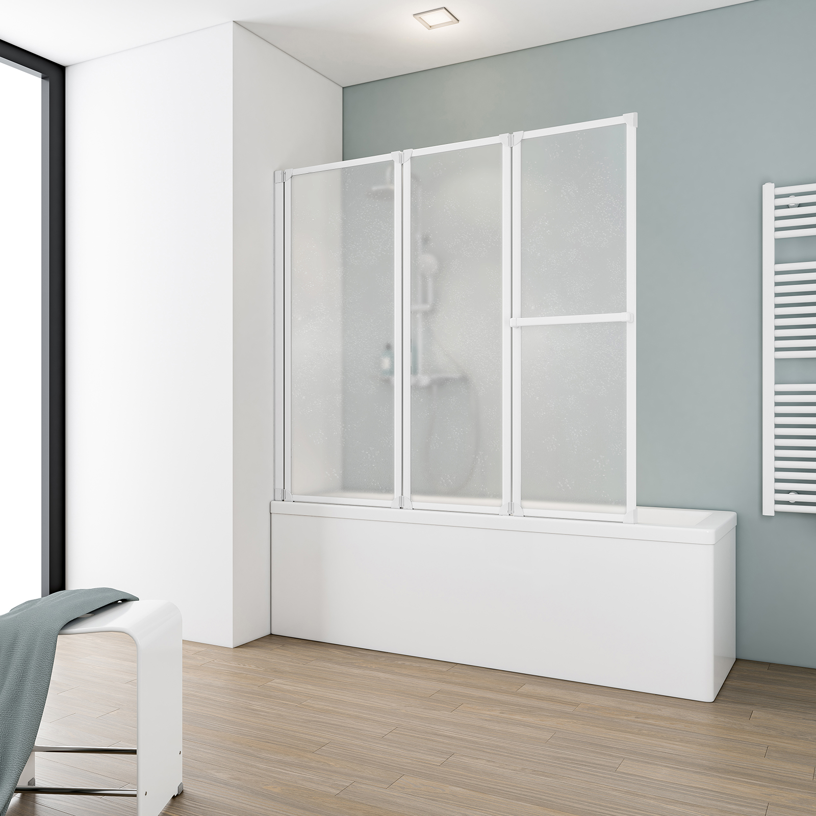 Pare-baignoire rabattable 152 x 140 cm, paroi de baignoire 3 volets pivotant porte-serviette, verre Softline profilé blanc, SCHULTE