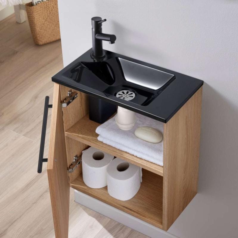 Meuble lave-mains pour wc finition chêne oak équipé d'un lave-mains en solid surface et robinet noir 1