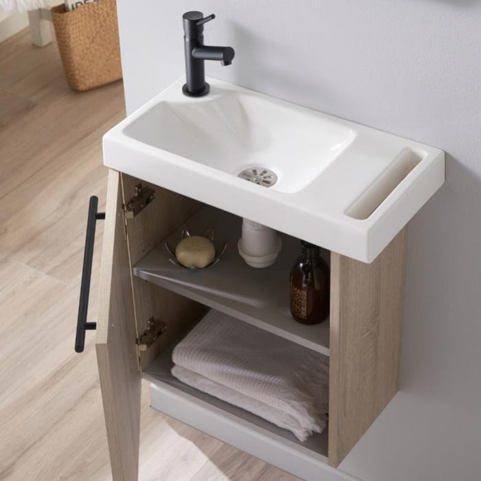 Meuble lave-mains pour wc décor chêne caledonia avec porte serviette en céramique et mitigeur noir 2