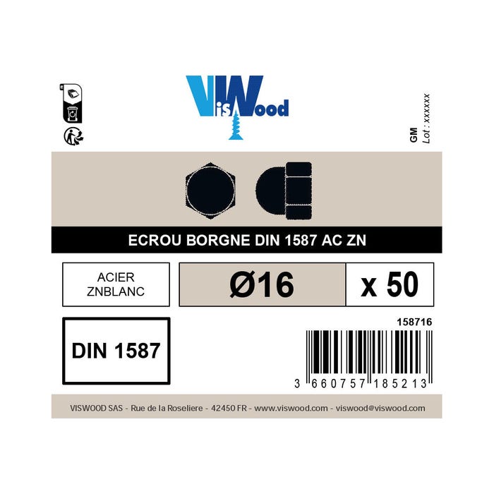 Boite 50 écrous borgnes Ø 16mm zingué - Viswood 1