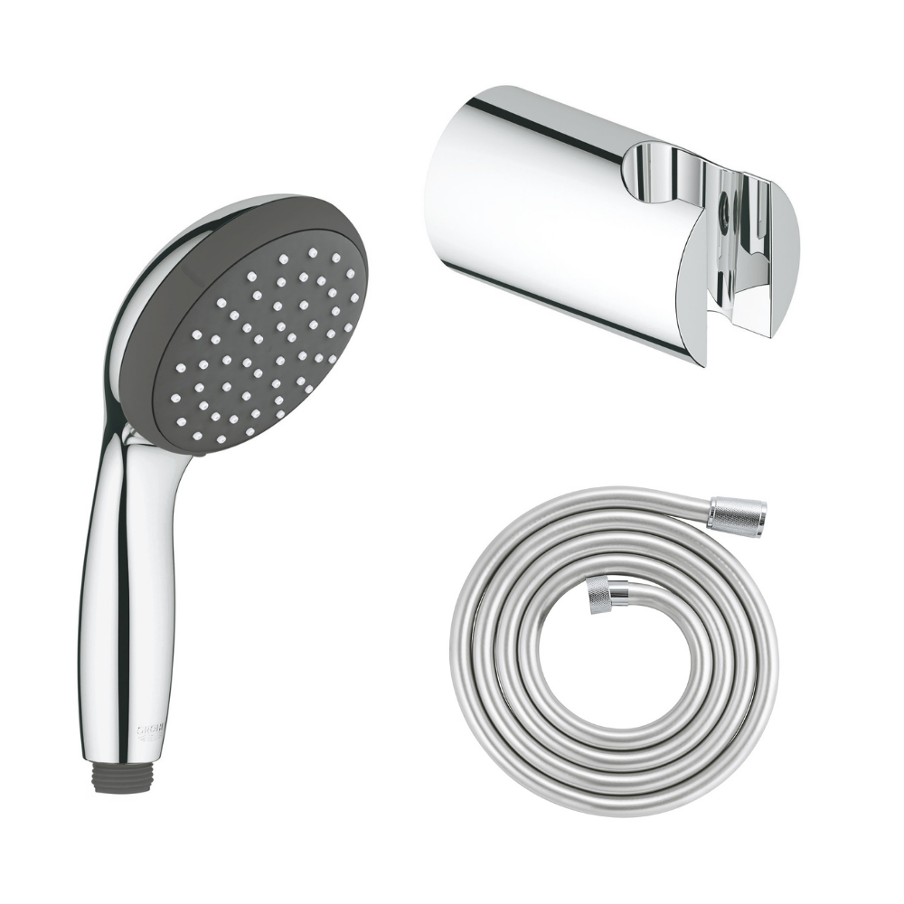 Douchette 1 jet Vitalio Start 100 chromé avec flexible 200 et support rond