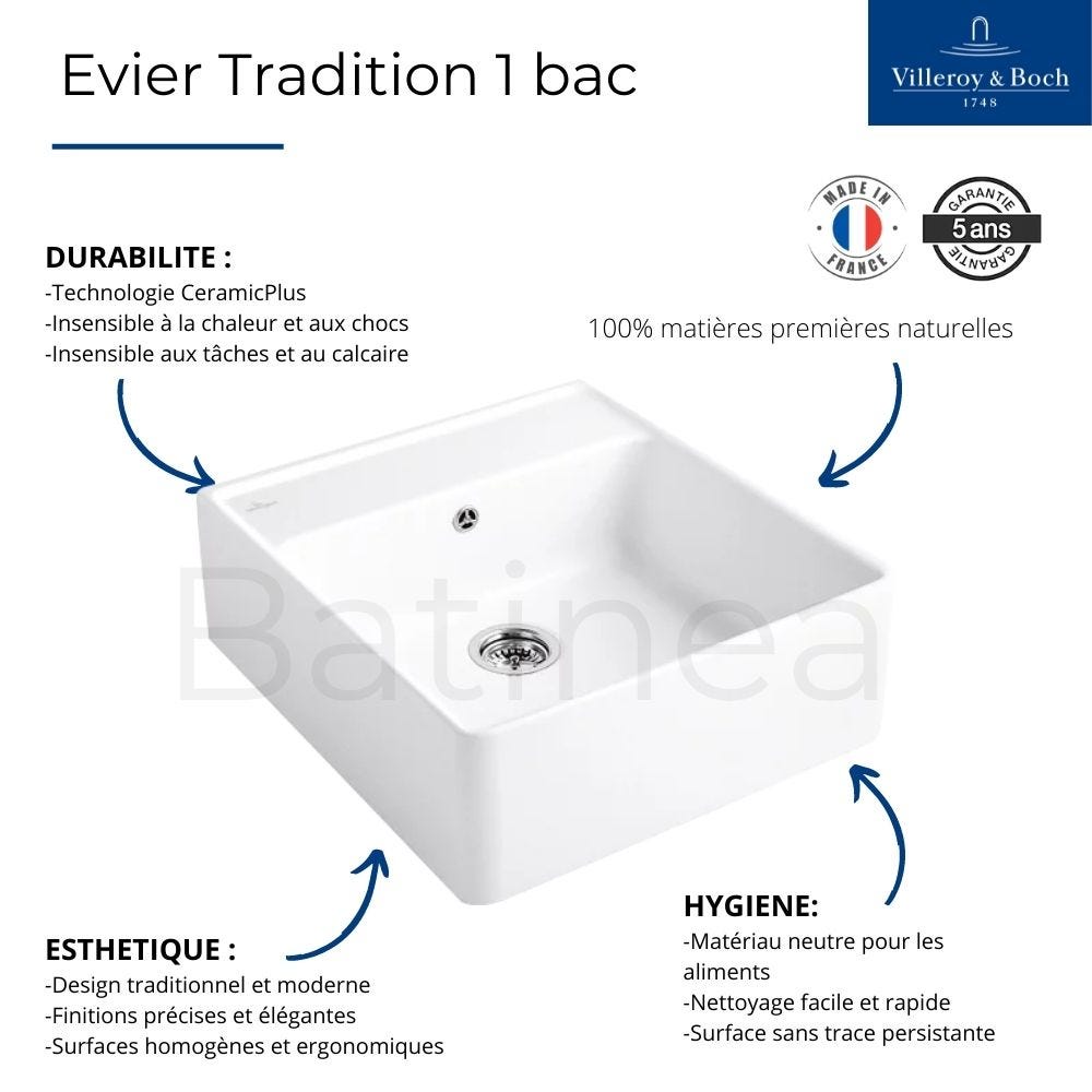 Evier timbre office VILLEROY ET BOCH Tradition Blanc CeramicPlus avec vidage manuel 3