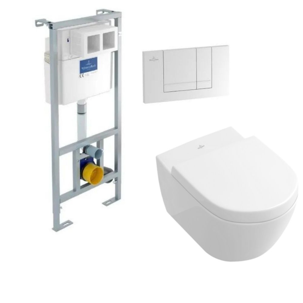 Villeroy & Boch WC suspendu sans bride Subway 2.0 + abattant + Lot Villeroy & Boch Bati Viconnect + Plaque blanche
