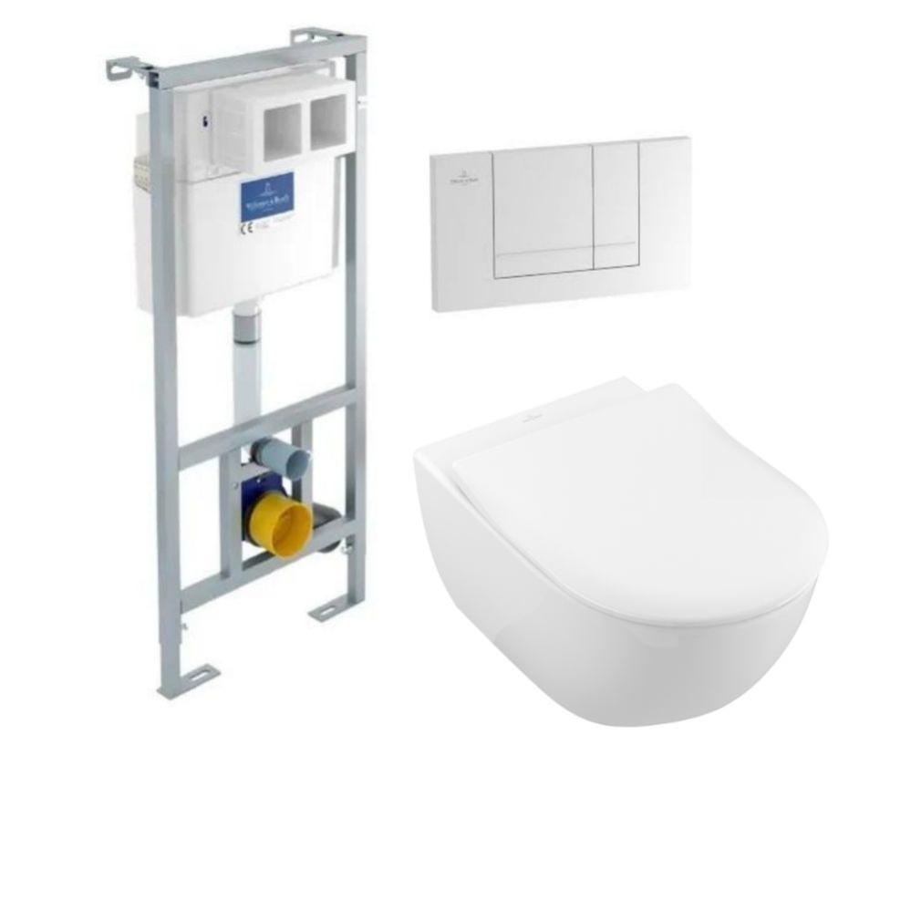 Villeroy & Boch WC suspendu sans bride Subway 2.0 + abattant + Lot Villeroy & Boch Bati Viconnect + Plaque blanche