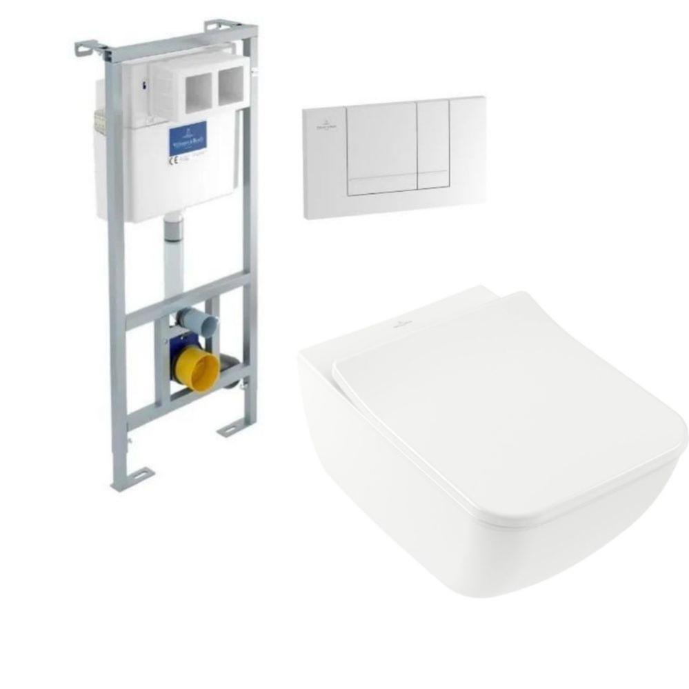 Villeroy & Boch WC suspendu sans bride Venticello + abattant slim à recouvrement + Lot Villeroy & Boch Bati Viconnect + Plaque blanche