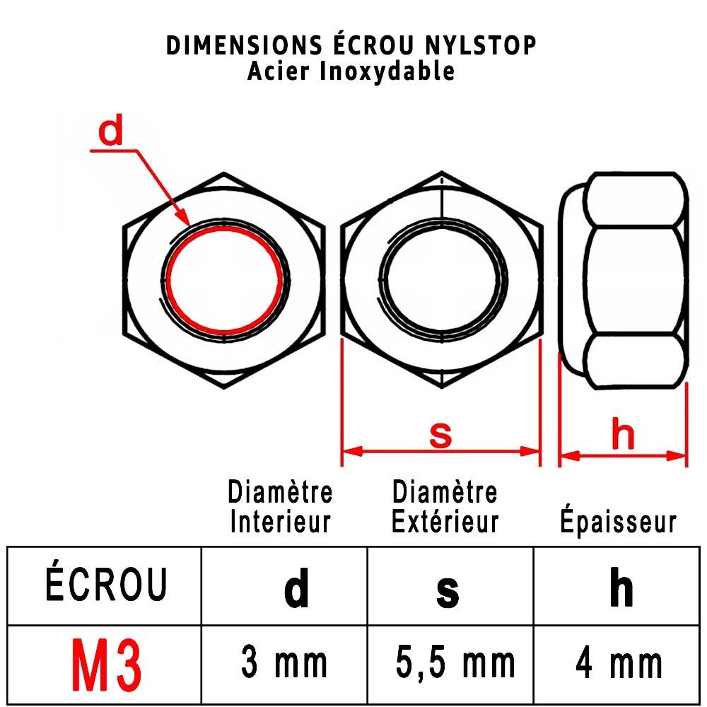 Ecrou Indesserable Autofreiné M3 : Boite 50 Pcs Nylstop Autobloquant Frein - Bague Nylon de Blocage | HI - DIN985 |(Diam. 3mm x 5,5mm) Inox A2 2